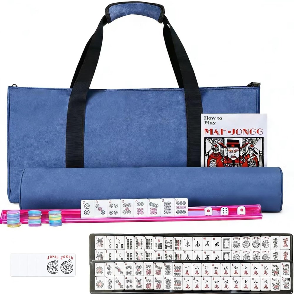 Ploomi American Mahjong Tiles Set, 166 White Tiles, 4 Color Racks & Pushers, Complete Western Mahjong Set with Blue Carrying Bag for Beginners & Experts