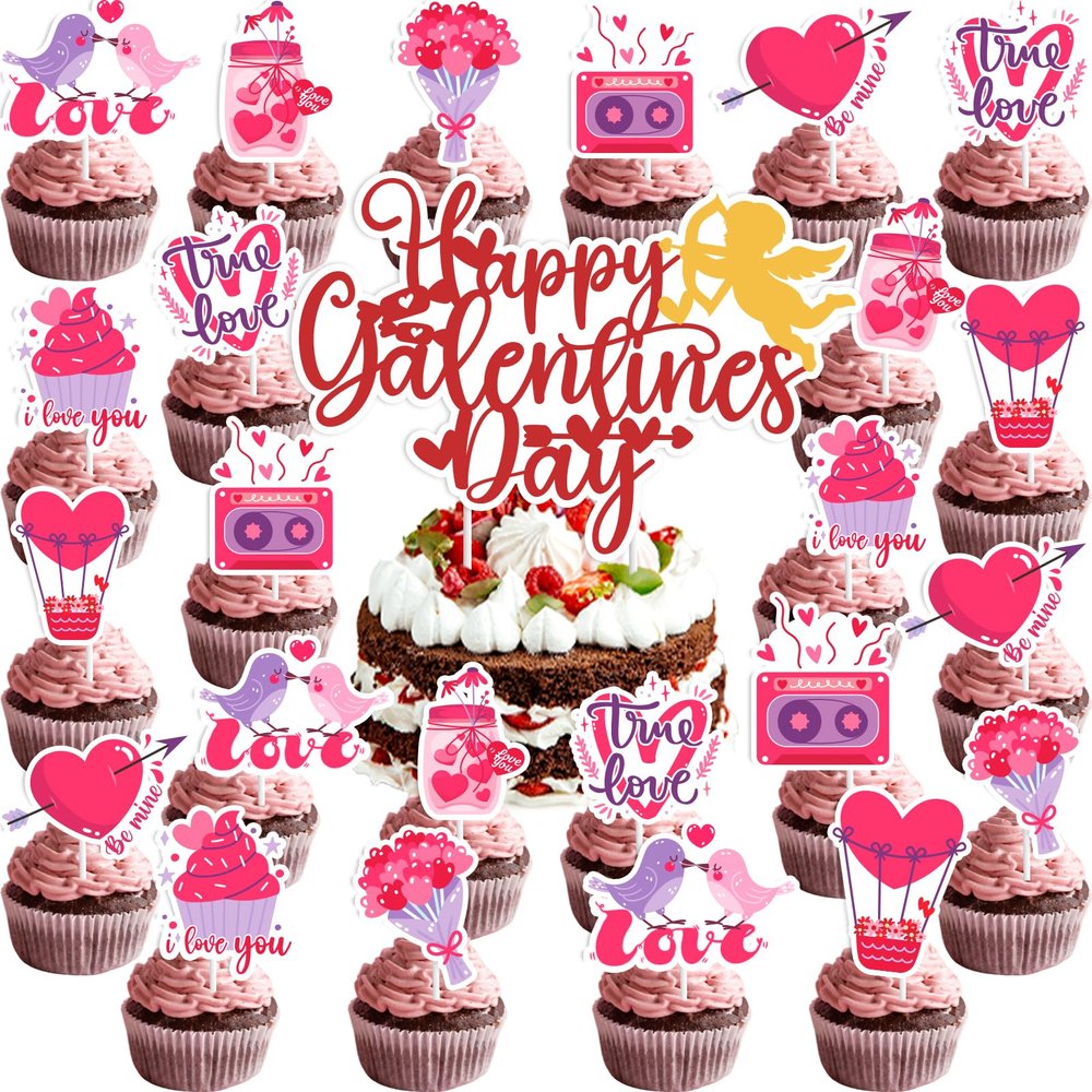 1Pcs Happy Galentine's Day Cake Topper+ 24Pcs Valentines Cupcake Topper,Love Heart Bear Cupid Cake Toppers Pink Red Valentine Picks for Valentine's Day Decorations