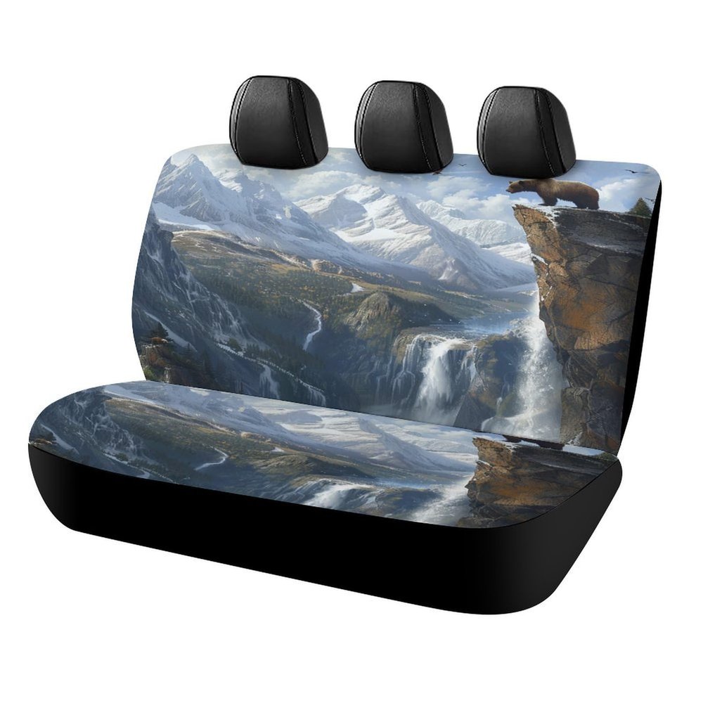 FBMLBRB Rustic Forest Falls Bear Waterproof Car Rear Seat Cover, Beautiful Abstract Snowy Mountain Landscape Hunting Theme Bear Eagle All-Season Universal Car Seat Cover
