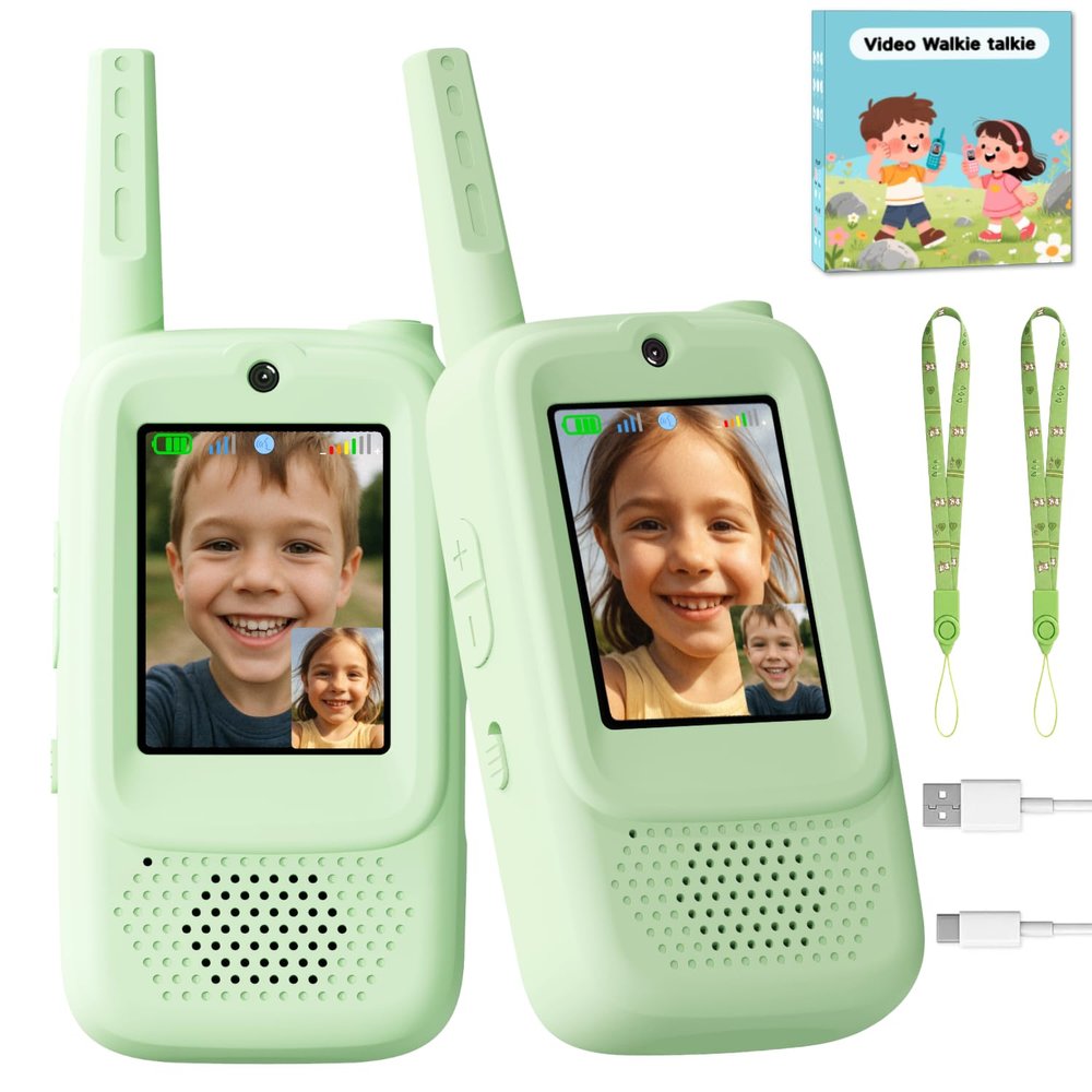 Video Walkie Talkies for Kids, 2 Pack Rechargeable Handheld Video Intercom Kids Walkies Talkies, Indoor Outdoor Toys for Family Games, Outside, Camping, Hiking for Boys Girls Ages 3-12 (Green)