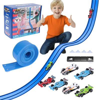 15 Ft Flexible Race Track for Kids 3+ with 6 Cars  Child-Safe Bendable DIY Suction Cup Racetrack, Compatible with 1/64 Diecast Cars, Indoor & Outdoor Fun, Roll-Up Portable Track