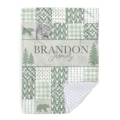 Hatchaa Personalized Rustic Woodland Baby Blanket - Custom Name Bear & Deer Design, Soft Blanket with Double Layer Dotted Backing for Infants Toddlers, Ideal Nursery Decor (30x40)