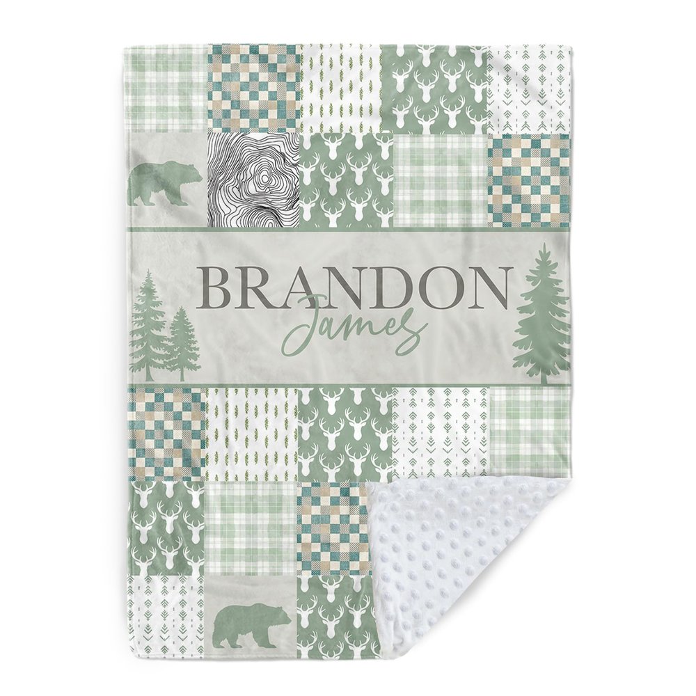 Hatchaa Personalized Rustic Woodland Baby Blanket - Custom Name Bear & Deer Design, Soft Blanket with Double Layer Dotted Backing for Infants Toddlers, Ideal Nursery Decor (30x40)