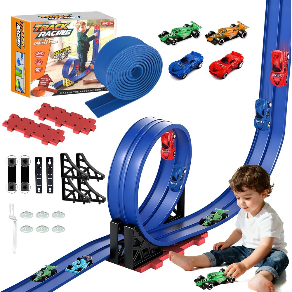 Flexible Race Track Toy Set, 16 FT Bendable Ramp with Suction Cups, Compatible with Hot Wheels & 1/64 DieCast Cars, Portable Roll-Up Racetrack Birthday Gift for Kids Ages 3-7 (Blue)