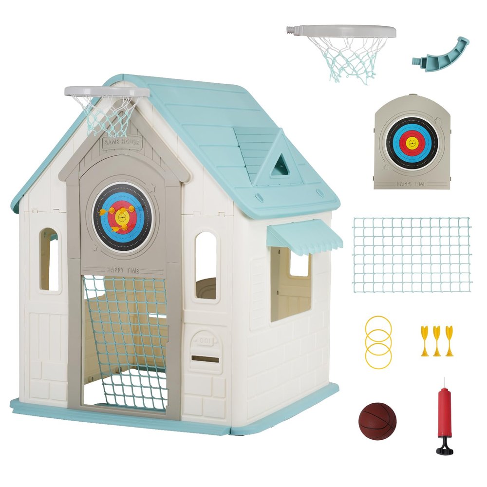 Kids Cottage Playhouse with Magnetic Dartboard, Basketball Hoop, Ring Toss & Soccer Goal  Indoor & Outdoor Playhouse
