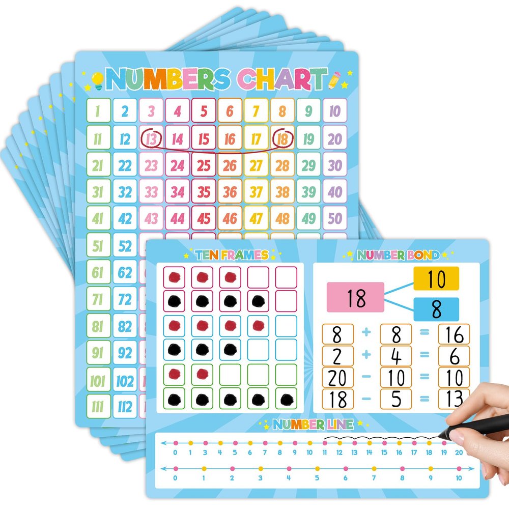 12 Pack 1-120 Number Chart Dry Erase Flash Card 9x12 in Number Bond Ten Frame Double-Sided Math Manipulatives Whiteboard for Kids Student Kindergarten Classroom Homeschool Teacher Supplies (Colorful)