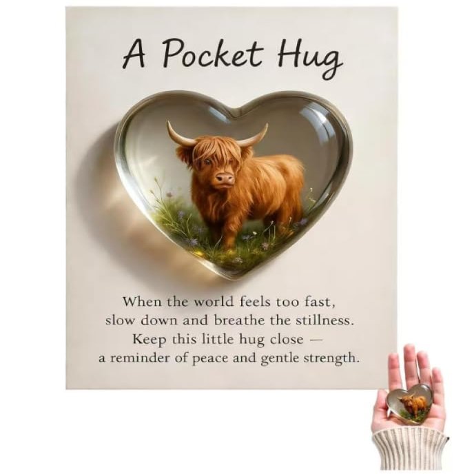 Highland Cow Pocket Hug, A Pocket Hug Highland Cow Edition with Inspirational Keepsake Card, Resin Material, Sympathy Pocket Hug Gift (1pc)