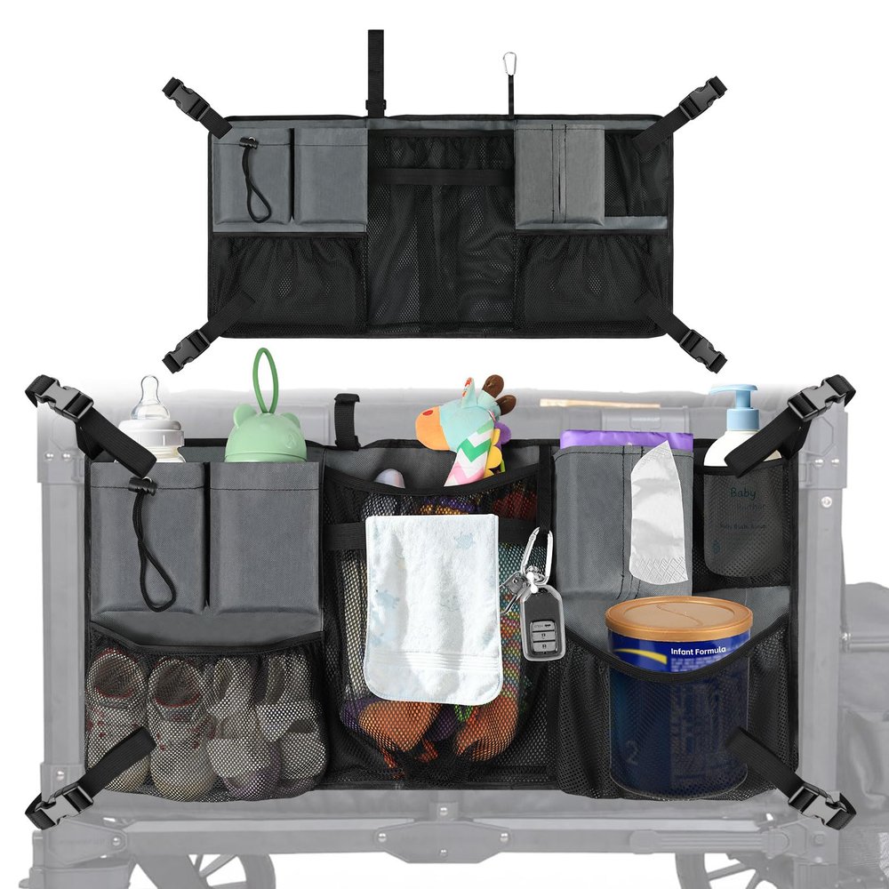 Adjustable Straps & Buckles Stroller Wagon Cargo Net Organizer, Wagon Accessories Compatible with WONDERFOLD W-Series Models, Large Capacity Mesh Cargo Storage Bag with Sorting Pockets for Keenz Wagon