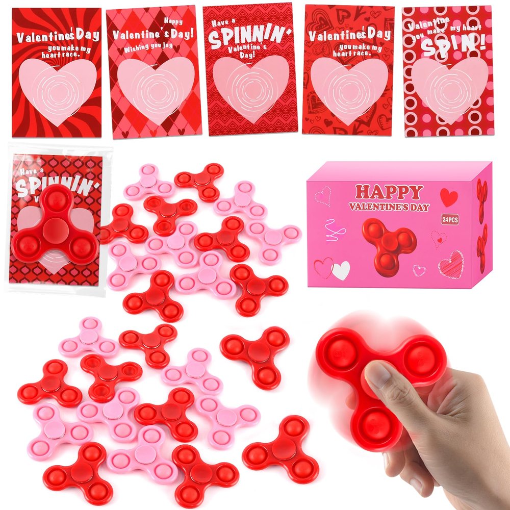 24 PCS Mini Fidget Spinner Toys with Cards, Bulk Stress Fidget Toys for Kids Classroom Treasure Box, Birthday Party Favors Goodie Bag Stuffers, Carnival Prize (Red+Pink)