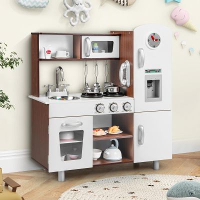 Costzon Kids Kitchen Playset, Toddler Pretend Cooking Kitchen w/Utensils, Oven, Cabinets, Faucet, Sink, Telephone & Cooking Accessories, Wooden Play Kitchen for Kids, Gift for Age 3+ (Brown)