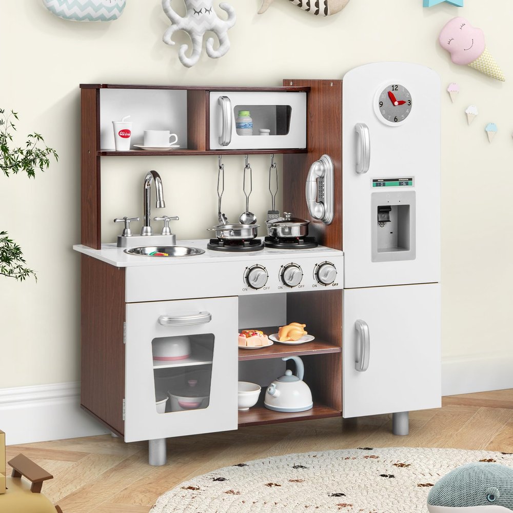 Costzon Kids Kitchen Playset, Toddler Pretend Cooking Kitchen w/Utensils, Oven, Cabinets, Faucet, Sink, Telephone & Cooking Accessories, Wooden Play Kitchen for Kids, Gift for Age 3+ (Brown)