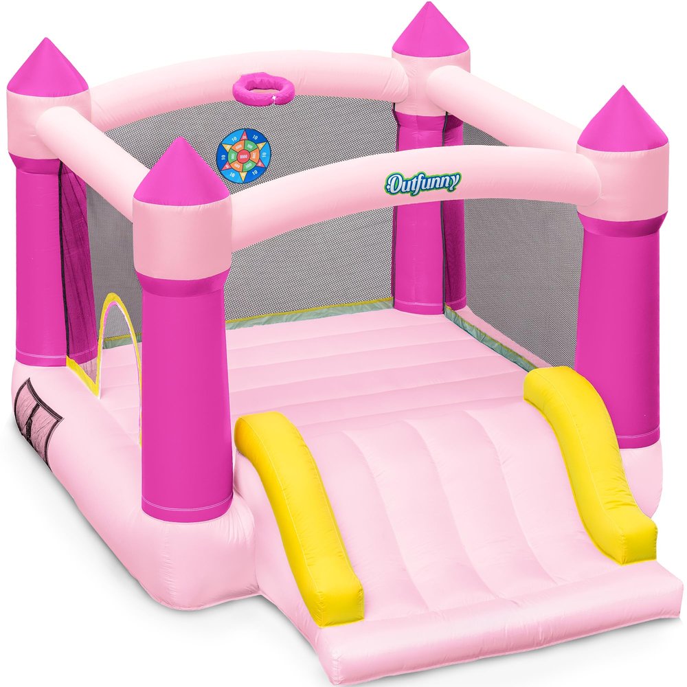 Outfunny Bounce House with Slide, Inflatable Bouncy House for Kids 3-8, Outdoor&Indoor, Bounce Area 8'x8', Capacity 400 lb - Pink