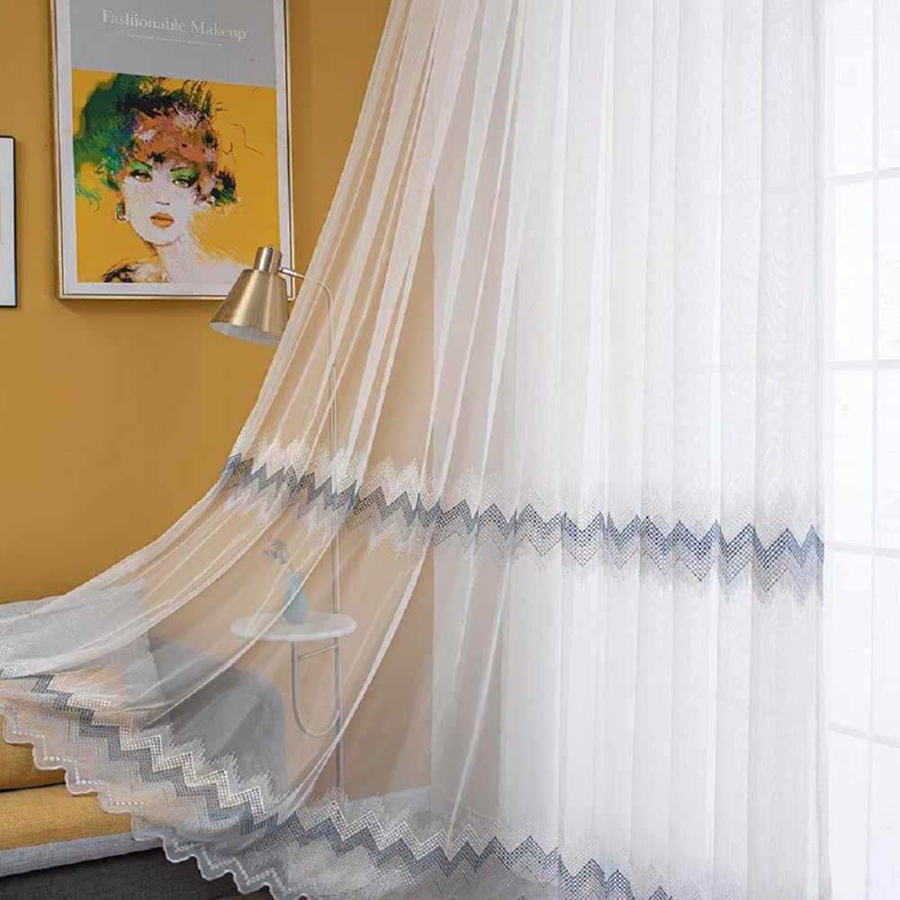 HooHero White Simple Nordic Style Ripple Pattern Embroidered Sheer Curtains Home Decoration Rod Pocket Gauze Tulle Voile for Living Kids Baby Room Bedroom(1 Panel, W 50 x L 102 inch, White)