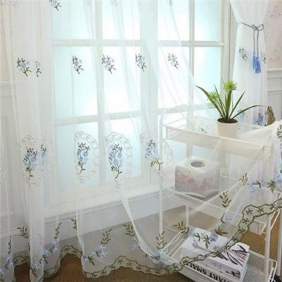 HooHero Blue European Style Simple Water-Soluble Embroidered Sheer Curtains Home Decoration Rod Pocket Gauze Tulle Voile for Living Kids Baby Room Bedroom(1 Panel, W 100 x L 102 inch, Blue)