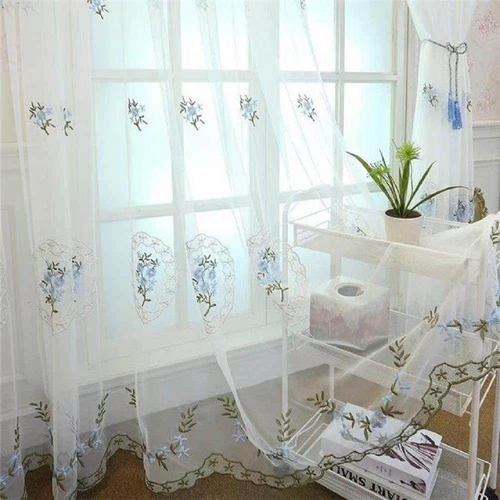 HooHero Blue European Style Simple Water-Soluble Embroidered Sheer Curtains Home Decoration Rod Pocket Gauze Tulle Voile for Living Kids Baby Room Bedroom(1 Panel, W 100 x L 102 inch, Blue)