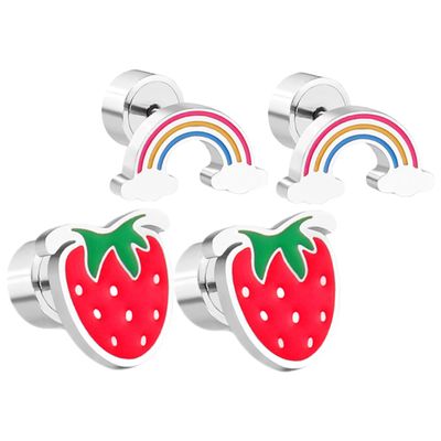 LIGIGWASH 2 Pairs Hypoallergenic Strawberry Rainbow Earrings Set for Teen Small Flat Back Studs Cute Charming Accessories for School Ceremonies and Daily Wear