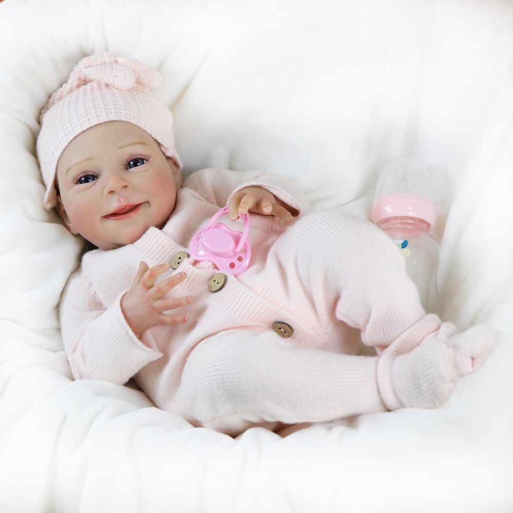 ALDYOK Lily Mae Reborn Baby Doll 18" Realistic Weighted Fabric Body with Hand-Painted Hair & Soft Vinyl Limbs, Magnetic Pacifier, Bottle & Outfit Lifelike Reborn Doll Toy for Kids Ages 3+