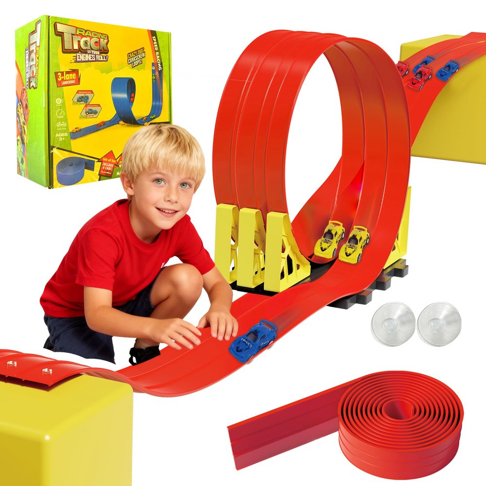 16.5ft Build Anywhere Portable Race Track with Suction Cups - Flexible Roll-Up Design Fits 1/64 Scale Cars, Portable Toy Gift for Kids 4+ Year Old (3 Tracks/Red)