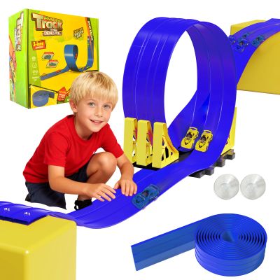 16.5ft Build Anywhere Portable Race Track with Suction Cups - Flexible Roll-Up Design Fits 1/64 Scale Cars, Portable Toy Gift for Kids 4+ Year Old (3 Tracks/Blue)