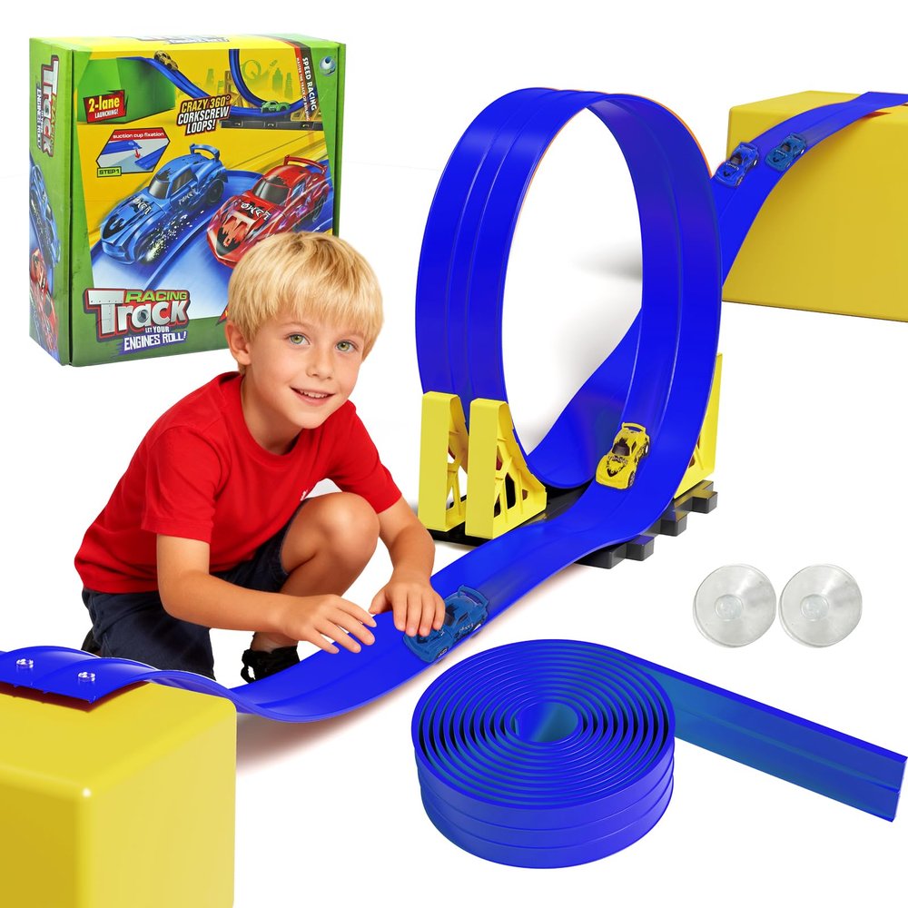 20ft Build Anywhere Portable Race Track with Suction Cups - Flexible Roll-Up Design Fits 1/64 Scale Cars, Portable Toy Gift for Kids 4+ Year Old (2 Tracks/Blue)