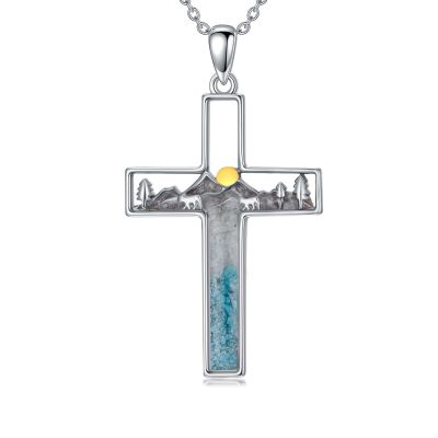 Cargari Mountain Cross Necklace Sterling Silver Turquoise Mountain Pendant Nature Cross Necklace Jewelry Hiking Gifts for Women