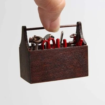 1:12 8PCS Metal Tools in Wood Tool Box Set Miniature Dollhouse Accessories