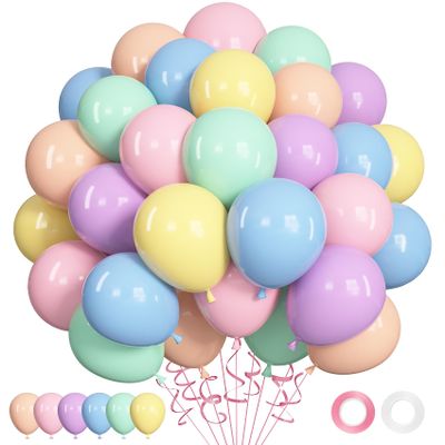Ouddy Life 71pcs Pastel Balloons Set, 12 inch Light Pink Yellow Blue Green Purple Orange Colors Latex Balloons for Pastel Rainbow Bridal Baby Shower Easter Birthday Wedding Party Decorations