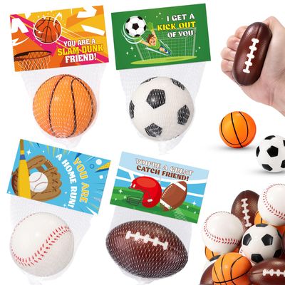 24 Pack Sports Stress Balls Valentines Day Gifts for Kids School Classroom, Exchange Sports Valentines Day Cards for Kids Party Favors Supplies for Boys Girls Basketball Football Soccer Baseball Bulk