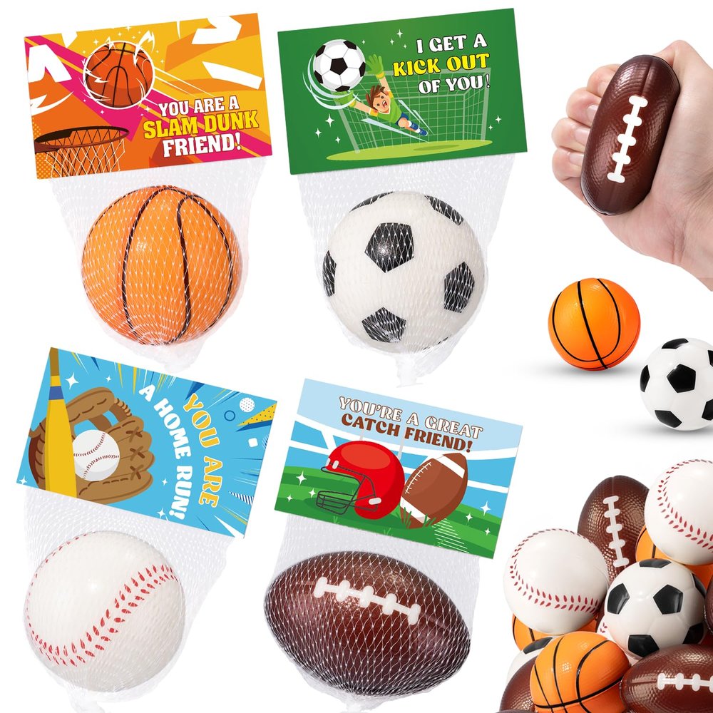 24 Pack Sports Stress Balls Valentines Day Gifts for Kids School Classroom, Exchange Sports Valentines Day Cards for Kids Party Favors Supplies for Boys Girls Basketball Football Soccer Baseball Bulk
