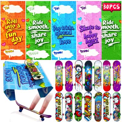 30 Packs Finger Skateboards Valentines Day Cards for Kids School Classroom Valentine Exchange Gifts for Toddler Boys Girls Mini Finger Skateboard Toys Valentines Party Favor Supplies Valentine Gifts