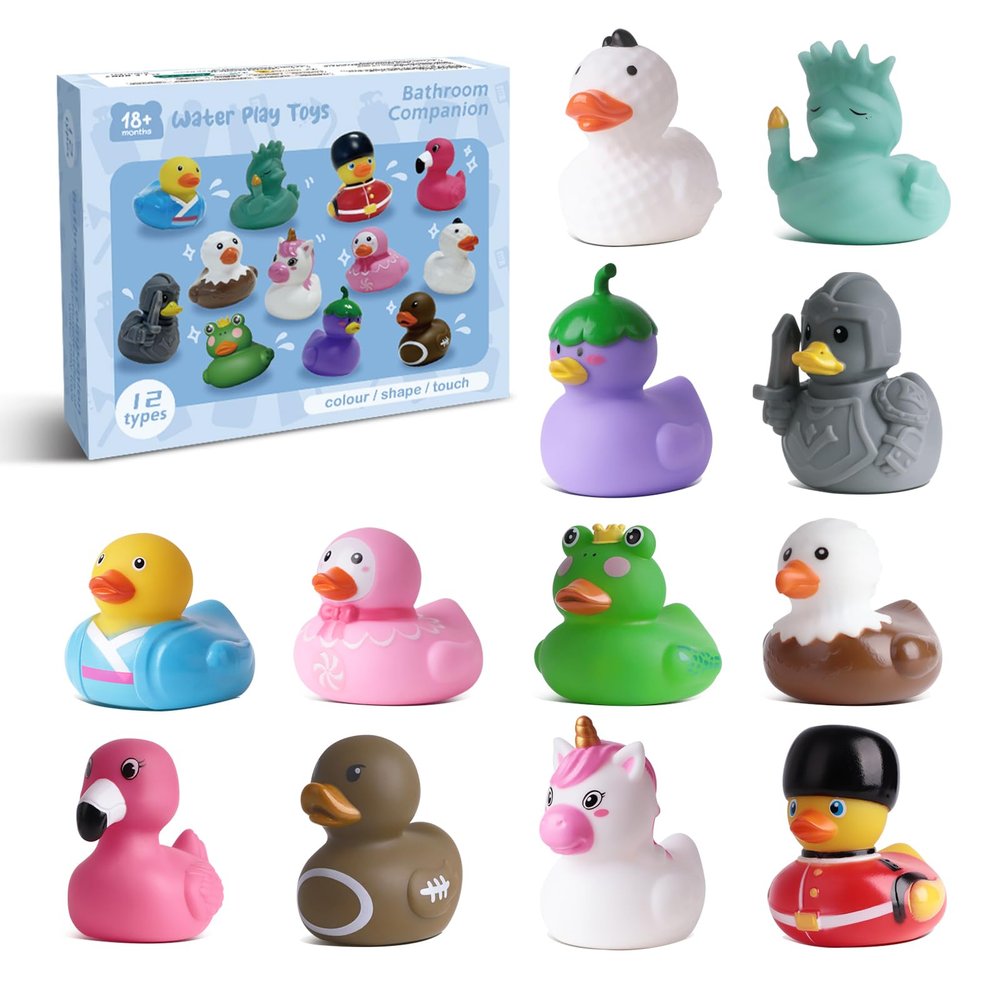 12 Rubber Ducks, Toddler Bath Toys, No-Hole Bathtub Toys for Baby Pool Toys for 18+ Months Girls Boys