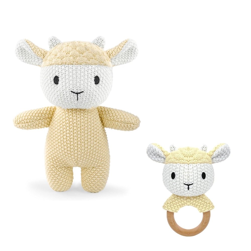 okegztoa 10" Crochet Sheep Stuffed Animal with Rattle, Pure Cotton Soft Crochet Doll Plush Toy for Newborn, Handmade First Birthday Gift