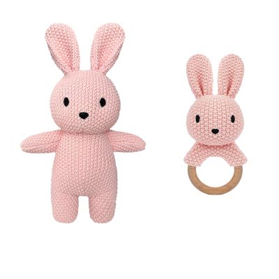 okegztoa 12" Handmade Crochet Rabbit Stuffed Animal, Baby-Safe Cotton Plush with Rattle, Hypoallergenic Toy for Newborns 0-12 Months, Ideal Baby Shower & 1st Birthday Gift