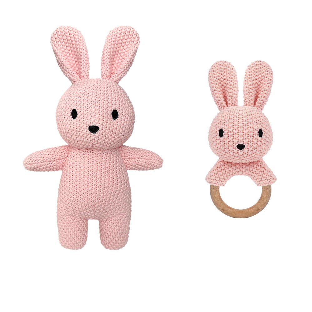 okegztoa 12" Handmade Crochet Rabbit Stuffed Animal, Baby-Safe Cotton Plush with Rattle, Hypoallergenic Toy for Newborns 0-12 Months, Ideal Baby Shower & 1st Birthday Gift