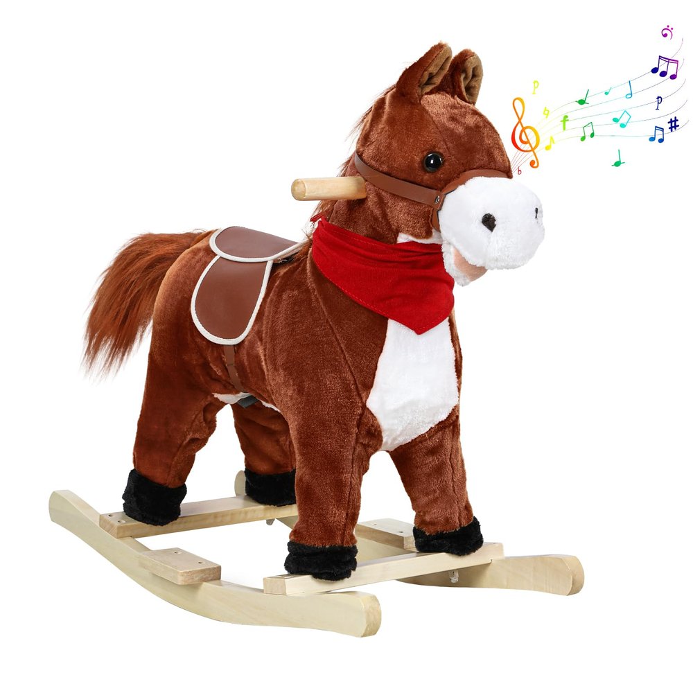 PAPABA Rocking Horse Plush Animal on Wooden Rockers, Plush Ride On Toy for Toddlers Ages 3+, Interactive Wooden Rocker with Sounds, Moving Mouth, Wagging Tail (Brown, S)