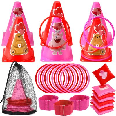 39Pcs 4 in 1 Valentines Day Party Games for Kids with Ring Toss, Plastic Cones, Bean Bags, 3-Legged Race Bands, Stickers, Carnival Valentine's Games Activity Combo Set for Classroom Indoor Outdoor