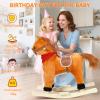 PAPABA Rocking Horse Plush Animal on Wooden Rockers, Plush Ride On Toy for Toddlers Ages 3+, Interactive Wooden Rocker with Sounds, Moving Mouth, Wagging Tail (Orange, S) view 3