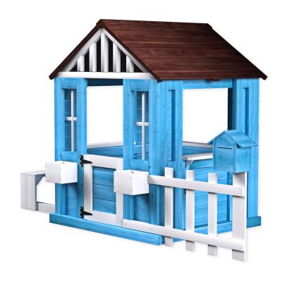 Wooden Outdoor Playhouse with Bench, Blue and White Cottage Style, 52x40.6x38.2 Inches, Kids Garden House with Windows, Mailbox, Fence, Flower Holders, Half Door for Backyard, Patio