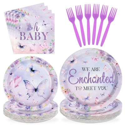 96 Pcs Butterfly Baby Shower Decorations Disposable We Are Enchanted to Meet You Paper Plates and Napkins Purple Butterfly Floral Tableware Set for Girls Baby Shower Birthday Party Supplies