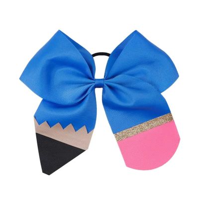6pcs 7" Solid Pencil Hair Bows Girls Back to School Glitter Cheer Bow With Elastic Bands For Kids Boutique Accessories For Cheerleading Performances(Color 4)