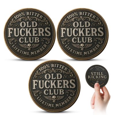 Old Fuckers Club  Lifetime Member Coin,Still Kicking,No Rules, No Filters Funny Challenge Coin for Men,Novelty Coin Collection Gag Gift,Skull Token Friendship Keepsake (3pcs)