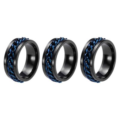 HEARTOOL Adults Fidget Ring 0.7" (18mm) Dia. Titanium Steel Chain Rotatable Rings, Metal Band Rings Perfect for Men & Women (Black Blue, 3pcs)