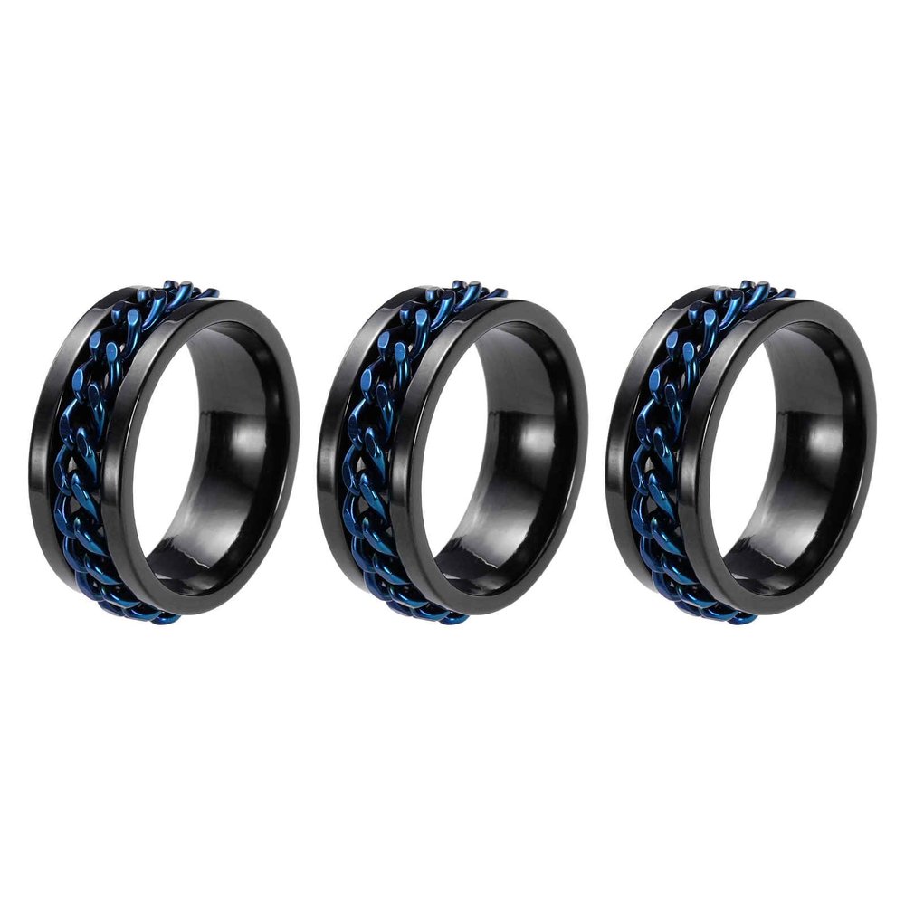 HEARTOOL Adults Fidget Ring 0.7" (18mm) Dia. Titanium Steel Chain Rotatable Rings, Metal Band Rings Perfect for Men & Women (Black Blue, 3pcs)