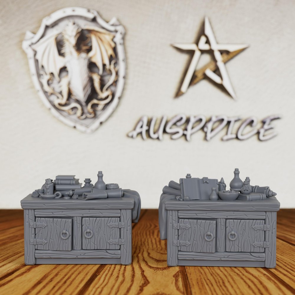 Alchemy Lab & Scholar Study Scatter Terrain - 28mm Scale Tabletop Unpainted Miniatures for D&D Minis, Fantasy TTRPG Room Decor, Dungeon Masters RPG Accessory, Cabinet Figures (Set of 2)- AS691
