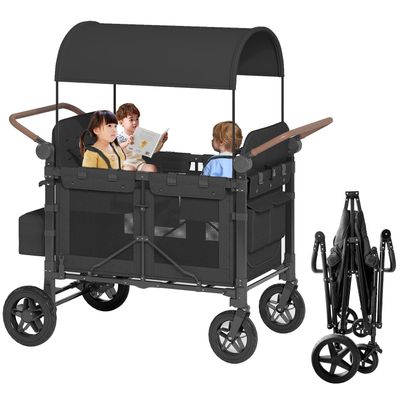 TABU 4 Seater Foldable Stroller Wagon with Removable Sun-Proof Canopy, All Terrain Wagon with Storage Bag, Adjustable Handle & 5-Point Harnesses for Camping, Travel, Beach, 51.2x22.5x42.6IN