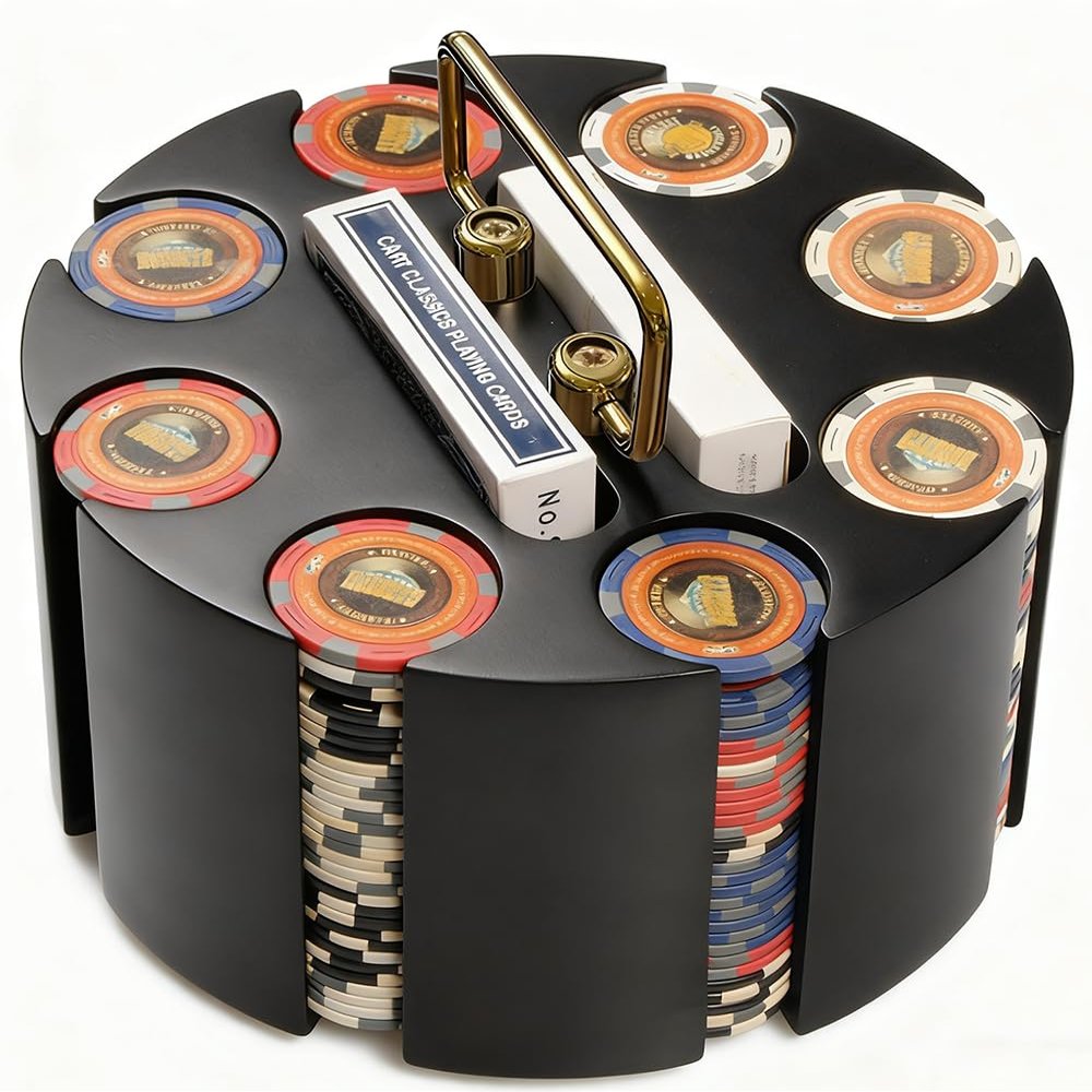 INLETTER Wood Carousel Poker Chip Case, Poker Chip Carrier Holder - Holds 200 Pcs Chips and 2 Decks of Playing Cards for Casino Party Supplies Family Game Accessory