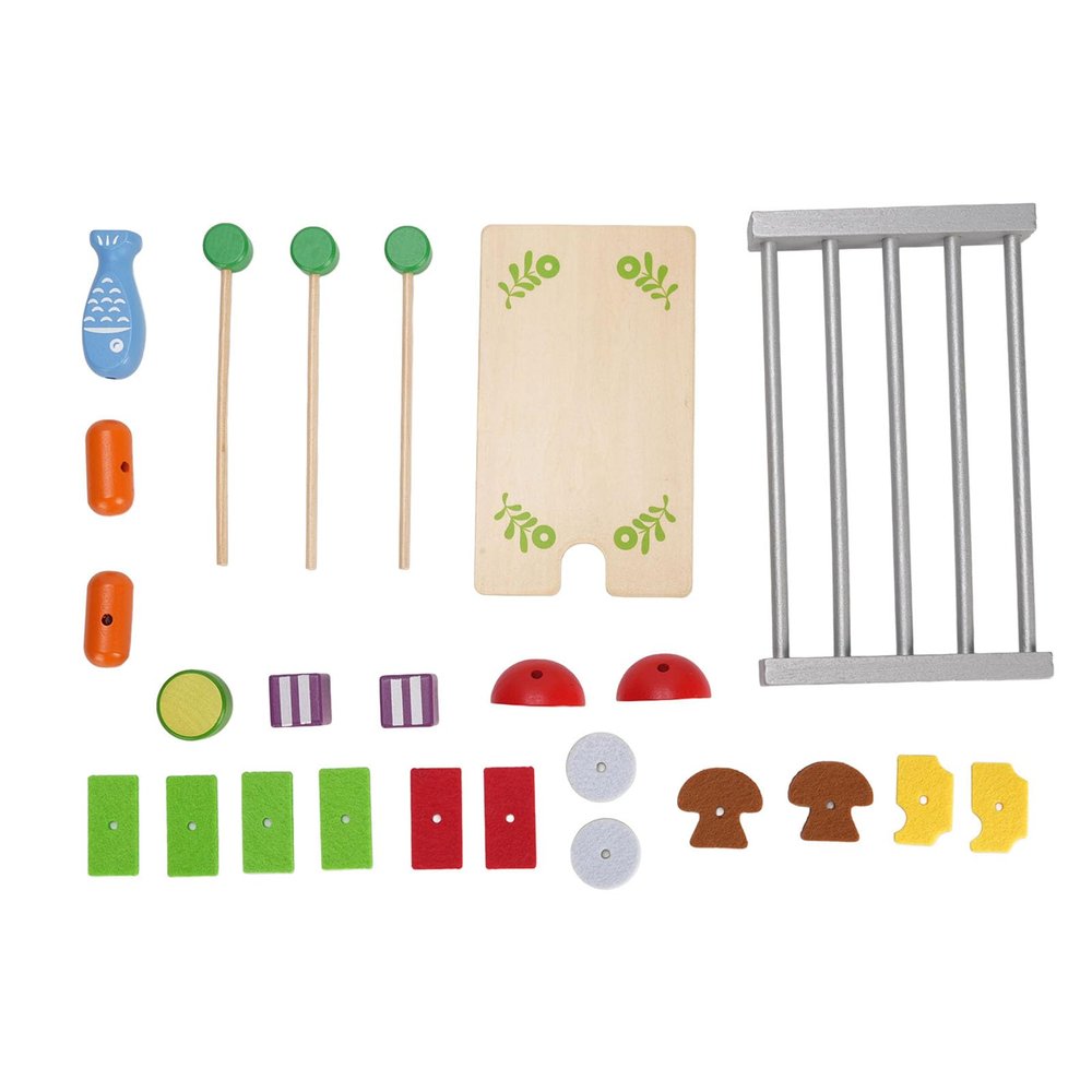 Kids Wooden BBQ Grill Playset Interactive Wooden Barbecue Play Food Set Play Kitchen Accessories for Toddlers and Preschoolers Wood Density Board 25 Pieces