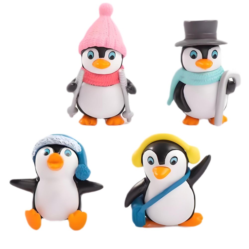 4 Pcs Mini Skiing Penguin Resin Figurines  Cute Cartoon Antarctica Animal Miniatures for DIY Fairy Garden, Micro Landscape, Birthday Cake Decoration, Car Interior Decoration & Creative Desktop Crafts