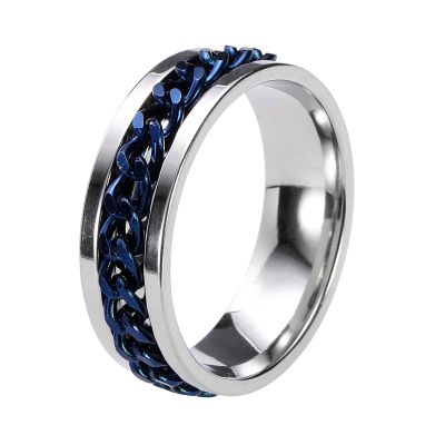 HEARTOOL Adults Fidget Ring 0.9" (22mm) Dia. Titanium Steel Chain Rotatable Rings, Metal Band Rings Perfect for Men & Women (Silver Blue)