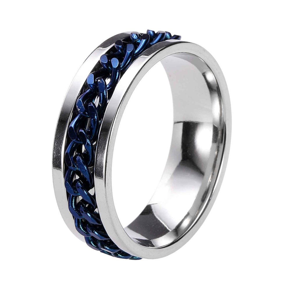 HEARTOOL Adults Fidget Ring 0.9" (22mm) Dia. Titanium Steel Chain Rotatable Rings, Metal Band Rings Perfect for Men & Women (Silver Blue)